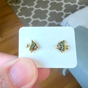 14k Gold Plates Blue & Green CZ Mini Fish Stud Earring